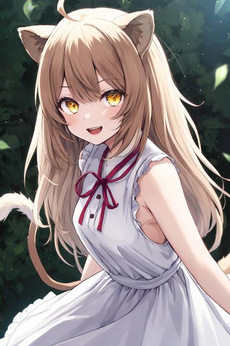 dress,animal ears,virtual youtuber,tail,yellow eyes,1girl,looking at viewer,white dress,brown hair,long hair,bangs,ahoge,lion tail,lion girl,sundress,smile,sleeveless dress,open mouth,lion ears,solo,sleeveless,