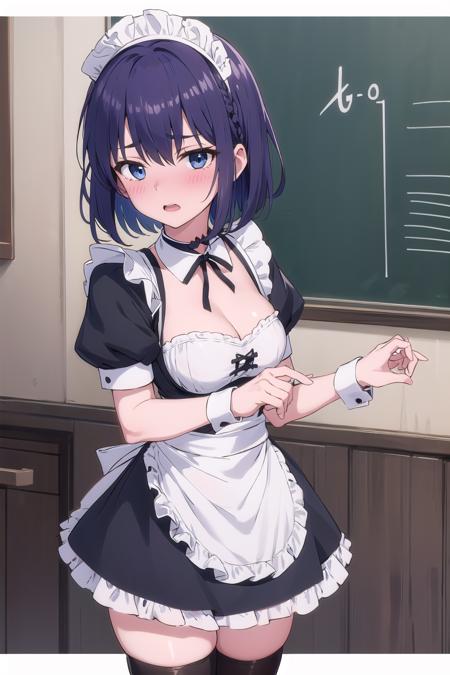 <lora:hoshizuki_kaede:1> hoshizuki kaede, 1girl, purple hair, solo, breasts, looking at viewer, blush, short hair, open mouth, blue eyes, thighhighs, dress, cleavage, medium breasts, short sleeves, frills, choker, puffy sleeves, black thighhighs, apron, puffy short sleeves, zettai ryouiki, wrist cuffs, maid, maid headdress, white apron, maid apron