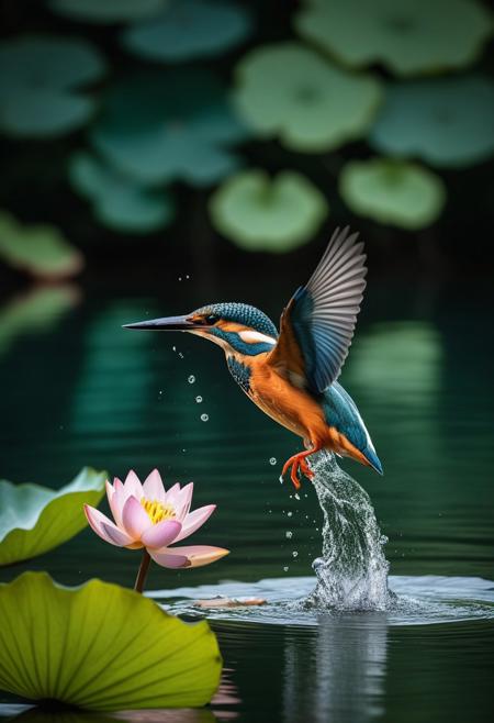 Kingfisher bird diving into the water of a lake, very realistic photography, forest background and lotus flowers