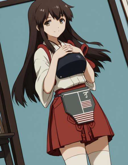 akagi, long hair, brown hair, brown eyes, akagi (kancolle), medium breasts, skirt, thighhighs, japanese clothes, white thighhighs, zettai ryouiki, hakama, hakama skirt, muneate, tasuki,