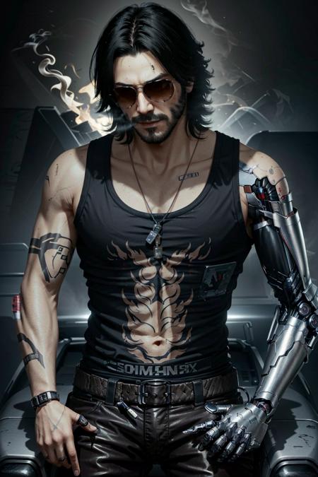 JohnnySilver, male focus, 1boy, facial hair, mechanical arms, single mechanical arm, solo, tattoo, prosthesis, cigarette, beard, tank top, sunglasses, prosthetic arm, cyborg, jewelry, realistic, dog tags, smoking, ring, mustache, arm tattoo
<lora:epi_noiseoffset2:1>,   <lora:JohnnySilver:0.7>