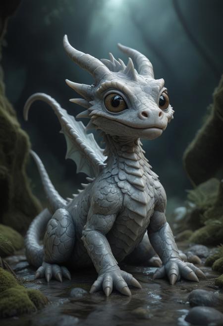 <lora:GeekyXL_Liquid_Marble:0.8>,liquid marbel, A Small light gray dragon, sitting (detailed scales:1.2),  in forest floor environment,  facing directly towards viewer,  with large expressive eyes,  cute expression, detailed horns,  and detailed tail,  moss and rocks in environment,  soft lighting,  artistic style,  photorealistic,  3d render,  digital art,  close-up view, gentle lighting,  natural color palette, focus on details.