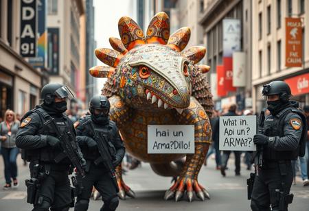 In a bustling city street, a large, highly detailed “armadillo” stands proudly. This  creation features vibrant colors, intricate designs, and advanced-looking holographic effects, making it look surprisingly sophisticated for its medium.
In front of this whimsical spectacle, a well-equipped SWAT team, dressed in full tactical gear, is engaged in a heated discussion. One member of the team, holding a comically oversized magnifying glass, scrutinizes the armadillo with a puzzled expression. Another team member, with a stern face, holds up a sign that reads: “hai un Arma? Dillo!”