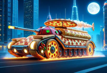 vibrant colors, shiny_skin, prefect lighting, detailed image, snoozing, masterpiece, best quality, highly detailed, ultra quality, 3DMM, 
<lora:Pizza_World_Morph_SDXL:1> pizzasdxl, made of pizza, Hot steam, Hot air, Hot, steam,
(Armored vehicle), 
On the road, outdoors, neon lights, glowing, city, skyscraper, building, sciencefiction, electricity, night, moon, moonlight,
