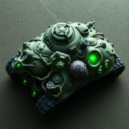 ((top view)), (tank),
Asymmetrical organic tank with massive growth bulges on one side and a withered shape on the other.
Chassis: Tumor-like armor patterns with tendrils and armored cysts. Surface ripples gently like breathing tissue.
Tracks: Thick, uneven track system with root-like armor entwining gear shafts.
Details: Regenerates armor chunks visibly. DNA-splicer node juts out near rear, framed in armor plates.
Lights: Sickly green and purple bio-glow from within bulges. Glows brighter when sustaining damage.