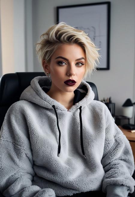 analog photo, masterpiece, best quality, photorealistic, woman wearing fluffy hoodie, hoodie opened over her boobs, short blond hair shaved on the side and darker roots, smokey eyes, dark lipstick, full body, view from above, a beautiful sile, dynamic view, sitting on office chair, earings, 35mm, f1.4, partial nudity, highly detailed, perfect body, perfect skin, perfect anatomy, best quality, realistic, extremely detailed, an extremely delicate and beautiful, RAW photo, realism, office, raw photo, 4K