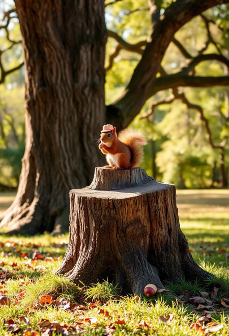A sturdy old tree stump rests in the middle of a peaceful forest clearing, surrounded by soft grass and fallen leaves. A towering oak tree stands nearby, its branches swaying gently in the breeze. Perched atop the stump is a cute brown squirrel, its fluffy tail curled behind it. The squirrel wears a tiny, slightly tilted hat, giving it a charming, mischievous look. Warm sunlight filters through the leaves, casting dappled shadows across the scene, while a few acorns lie scattered around, hinting at the squirrel’s recent snack