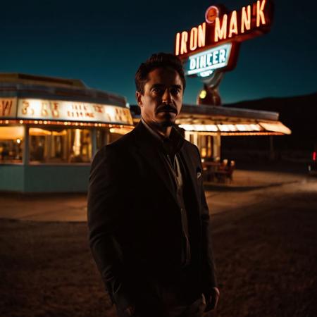 Heroic cinematic film still portrait of Iron Man Tony Stark in front of a diner on route 66 . shallow depth of field, vignette, highly detailed, high budget Hollywood movie by ryan coogler, bokeh, cinemascope, moody, epic, gorgeous, film grain, grainy