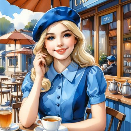 score_9, score_8_up, score_7_up, ral-wtrclr,  solo, 1girl, blonde hair, parted lips, black eyes, blue dress, blue blouse, blue beret, having tea outside a cafe, smiling, looking at viewer, retro artstyle, detailed, masterpiece,