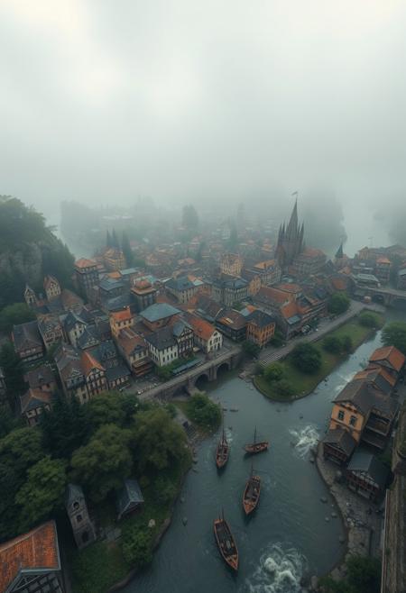 wide angle cinematic view from above the city of Otari, (accurate architecture, 3 point perspective) (masterpiece hyperrealisitic, medium format camera shot, fantasy  feudal concept art 8k, high quality, detailing, textures)  Imagine a spooky foggy, perfect fantasy metropolis,  by the river and a part of a large fantasy hyperrealisitic bustling marketplace full of fruits and people, port town city nestled between a verdant ancient spooky evil forest, encircled by cliffs and city bridges across the river used for logging, taking it to the perfect pirate ships and the crashing waves of the vast, unexplored ocean.