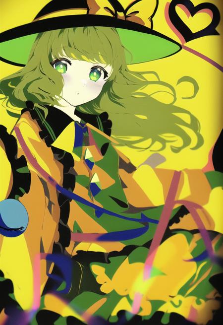 masterpiece, best quality, komeiji_koishi, green_eyes, heart_of_string, yellow_shirt, hat, eyeball, skirt, wide_sleeves, 1girl, green_skirt, frills, green_hair, black_headwear, shirt, long_sleeves, bow, looking_at_viewer, yellow_bow, frilled_sleeves, solo, heart_hands, underwear, heart-shaped_pupils, hat_ribbon, string, holding_clothes, frilled_shirt_collar, hat_bow, blouse,  yellow_blouse,  hair_between_eyes, ribbon, yellow_ribbon ,(flat color:1.5)