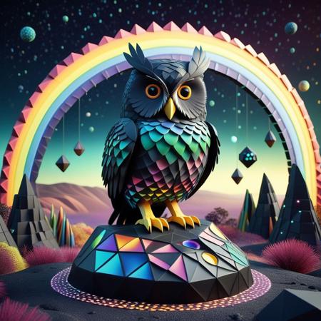 lowpoly, cinematic lighting, surreal composition, humorous elements, vibrant hues, intricate textures, photorealistic details, sharp focus, dynamic lighting, soft glow, whimsical atmosphere, basalt feathered owl  with rainbow cycle voronoi tessellations, low-poly geometric shapes, Perched admist the constellations of the Vernal Equinox