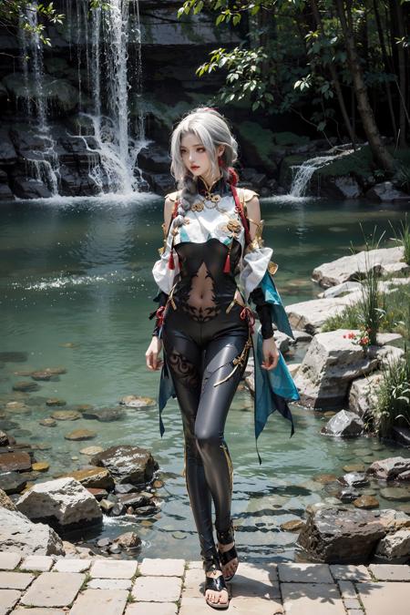 <lora:ShenHe:0.7>, shen_he, beautiful girl,(standing naturally:1.5), ((cowboy shot)), white hair, ((very long hair)),(gigantic breasts), braid ponytail, ponytail, jewelry, hair over one eye, black bodysuit, hip vent, shoulder cutout, navel, breasts curtain, hair ornament, high heels, blue eyes, full body,outdoors, sunshine, lawn, flowers, sunny, lake, park,