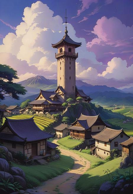 (studio ghibli drawing), (studio ghibli painting),best quality, masterpiece, extremely detailed,  professional  art,  professional painting, an extremely delicate and beautiful, dynamic,  great lighting, perfect shading, professional shading, depth of field,   side soft light, elegant, gorgeous, highly detailed,   full shot, uncropped,   pure genius, absolutely perfect,  highly detailed, breathtaking,  a tranquil village on a mountain surrounded by rice fields, beautiful landscape, a mystical tower in the background, violet clouds,