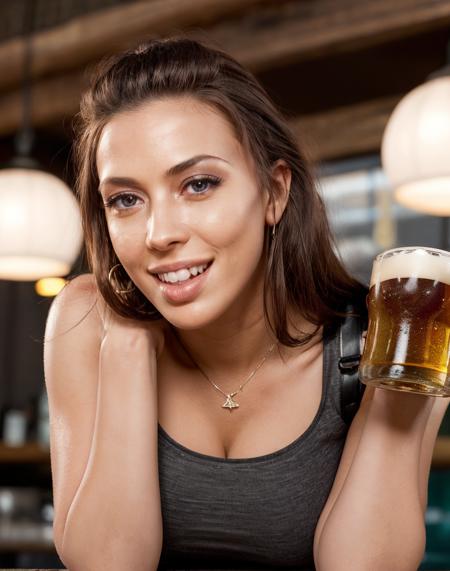 cinematic photo  realistic, photorealistic, award winning photo,  <lora:quiron_RachelStarr_v2_Lora:0.87> rachelstarrquiron,  RAW photo, shot of smiling white beauty, holding beer, pub,standing behind the table, looking at viewer, long gray crop top, black panylts, european, (extremely detailed CG unity 8k wallpaper),slim body, face incredibly detailed, lips, realistic,skin tight,  masterpiece,best quality, Intricate, High Detail, dramatic, (from_below:1.4)., . 35mm photograph, film, bokeh, professional, 4k, highly detailed