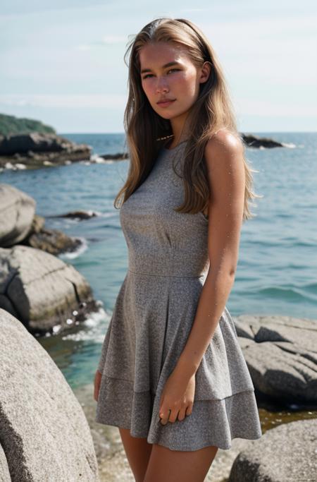 elizabethzuschlag woman in a summer dress, standing near water in a rocky area, casual photo