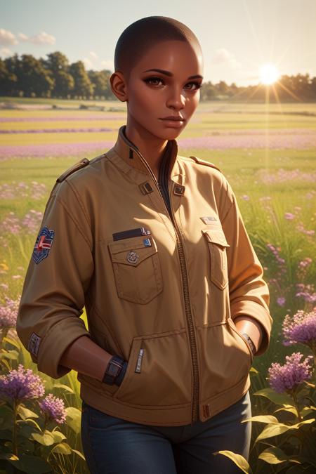 CyberTBug, 1girl, dark skin, buzz cut, brown eyes