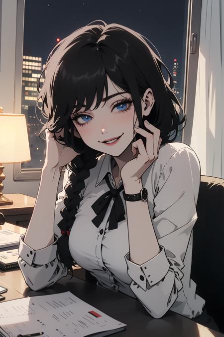 1girl, black hair, medium hair, 2 long braids, blue eyes, half-closed eyes, seductive smile, office lady, night time, lamp light,