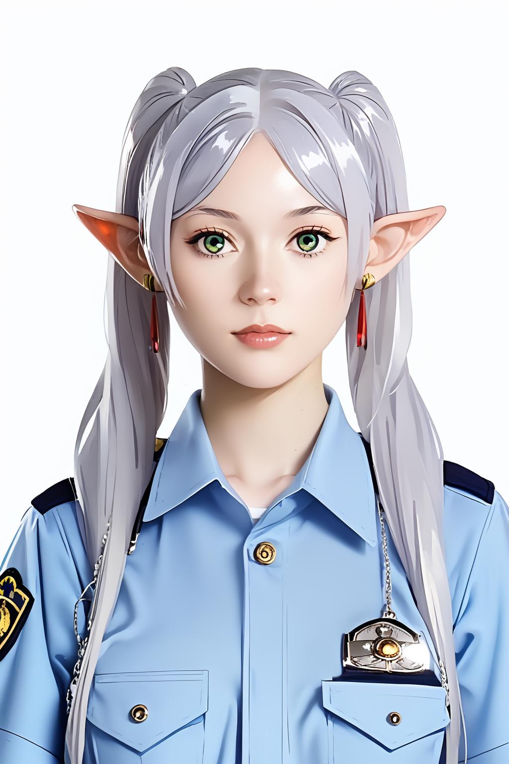 1girl, JapanesePolicewoman, police, police uniform<lora:ÐÐ´ÐµÐ¶Ð´Ð° ÑÐ¿Ð¾Ð½ÑÐºÐ°Ñ Ð¿Ð¾Ð»Ð¸ÑÐ¸Ñ(JapanesePolicewoman, police, police uniform):0.8>  <lora:SousouNoFrieren_FrierenXL:0.9> FrierenSSnF,grey hair, long hair, green eyes, twintails, parted bangs, earrings, pointy ears, small breasts, Score_9, Score_8_up, Score_7_up, Score_6_up, Score_5_up, Score_4_up, BREAK,1girl in full growth, best quality, masterpiece, ultra-detailed, high quality,good quality,1 girl,(master piece,high resolution, ultra detailed,8K,16K),look at viewer