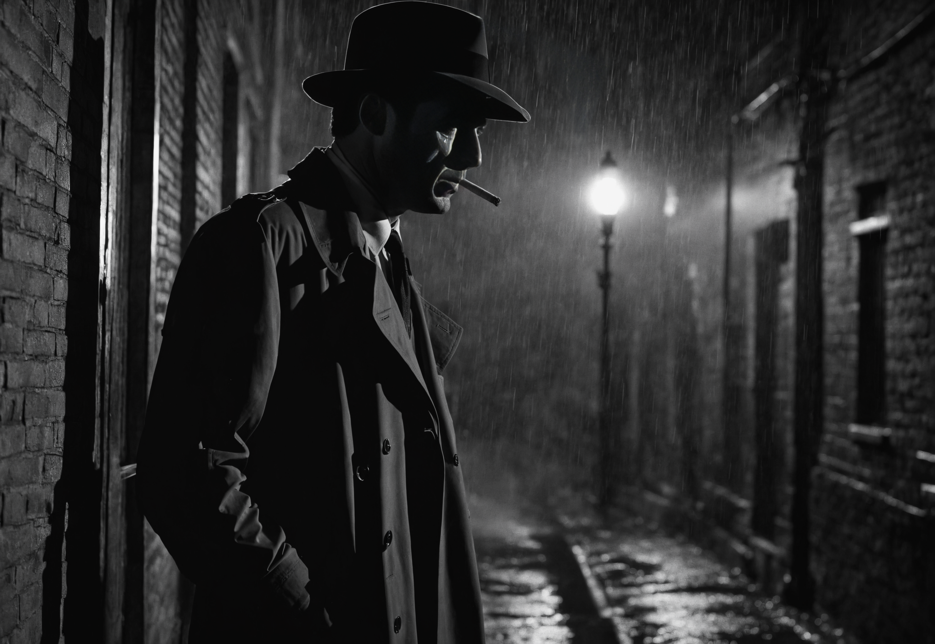 (film noir:1.2), a man in a trenchcoat , cigarette, standing in a dark alleyway, window, rainy night, establishing shot, shadows, black and white, low light, haze, dust particles
