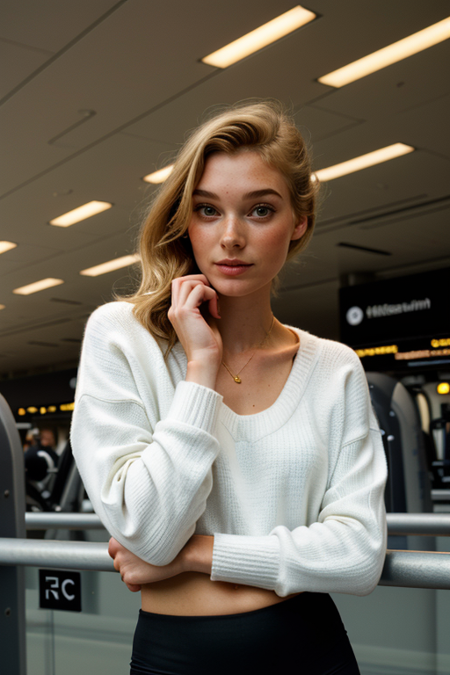 ElsaHosk, 1girl standing with suitcase, upper body closeup:1.5, ((Heathrow Airport terminal)), supermodel flying First Class, ((oversized white cashmere Scandinavian sweater, skinny black workout leggings, high heels:1.3)), high contrast, rich blacks, nuanced mid-tones, three-dimensional effect, adult subject, contemplative introspective expression, relaxed composed posture, ((Victorian-style portraiture, looking at viewer)), vintage feel, ((soft directional Rembrandt lighting:1.2)), facial feature enhancement, moody atmosphere, ((tack-sharp focus on eyes)), classic timeless feel