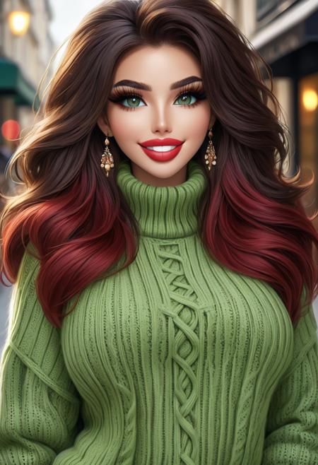 (Style-DoF:1.7),
<lora:LaDy_Bloom:1.0>,
bmbplora, 
CYBR-XL,
<lora:bmbploraxl6-000008:0.65>,
<lora:BimbolipsV4-000003:0.8>,
<lyco:biglips-v2:1>,
((big lips):1.2),
(((full body photograph))),
large iridescent electrical bright eyes,
((ultra detailed, highly detailed):1.4), (best quality), (full body), woman, (Caucasian ethnicity beautiful woman), ((fluffy clothes):1.7), ((fluffy sweater):1.7), (beautiful women:2.5), (((porcelain color skin))), (photorealistic:1.8) (bokeh:1.3) (intricate details) (cinematic lighting) (sharp focus) ((Full body photograph):1.8). 
Long very voluminous brown hair. (Ultra furry:1.8)(fur trimmed) sweater. ((Ribbed sweater knit with a large loop):1.8). 
bmbplora. Bimbo makeup. Bold (long eyeliner:1.9). (Long fluffy lashes:1.5). (smaragd green color eyes:1.4) and (red glossy and shiny lips:1.9), big lips, bimbolips, (huge lips:1.8), enormous lips, parted lips. Smiling and showing ((super white)) ((perfect arranged teeth):1.5). (Big boobs:1.4). (Long boots) (fur trimmed). Thai and Caucasian beautiful women stay on the middle of Paris street.