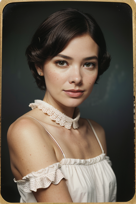 JanineTurner, ((1900s photograph, Gibson tuck, soft blush wearing cotton chemise with square neckline, ruffled cuffs, and delicate lace trim, antique setting)), Century Camera Co. Studio, 160mm f/8, 1/10s, ISO 25, ((tintype))