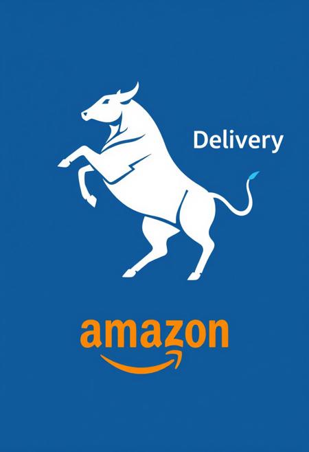 “Create a minimalistic, bidimensional vector logo featuring a full-figure bull standing on its back legs, in a sleek, geometric style. The bull should have sharp, clean lines to emphasize power and motion in the upright pose. To the right of the bull, include the text ‘Delivery Station - DPI2’ in a modern, sans-serif font. The background should be a bold blue, while the bull and text should be in contrasting monochrome or white. Centered in the lower space beneath the bull and text, place an Amazon logo in bold orange, maintaining balance and ensuring the logo stands out in a professional, cohesive design.”