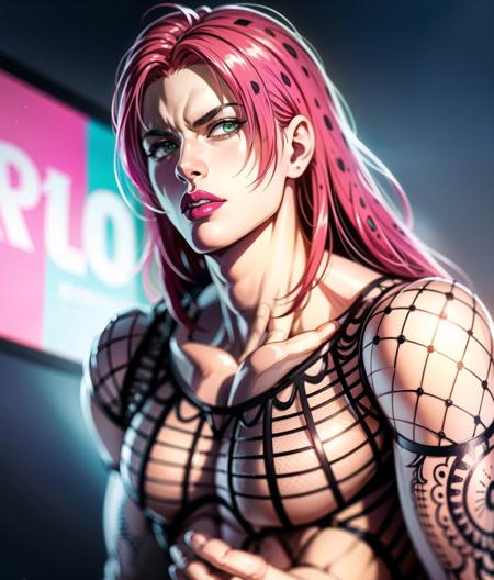 realistic, hyper realism, (8k, best quality, masterpiece:1.2), (finely detailed), diavolojojo,pectorals, full body, solo, araki hirohiko (style), 1boy, green eyes, black lips, pink hair, hair spots, solo, fishnet top, tattoo, masterpiece, best quality, ultra-detailed detailed, detailed digital artwork, hi res,  detailed background, photo background, official art,extremely detailed CG unity 8k wallpaper, perfect lighting,Colorful, Bright_Front_face_Lighting,shiny skin, (masterpiece:1.0),(best_quality:1.0), <lora:diavolo-7:1>