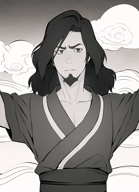 avatar wan <lora:avatar_wan_offset:1>, masterpiece, best quality, solo, male focus, monochrome, 1boy, facial hair, outstretched arms, long hair, spread arms, greyscale, upper body, looking at viewer, beard, parody, cloud, collarbone, goatee