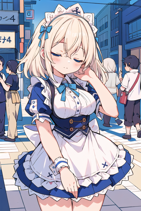 <lora:thinkingface_v200:1>
insanely detailed, absurdres, ultra-highres, ultra-detailed, best quality,
1 girl, solo, nice hands, perfect hands,
BREAK,
(wearing maid costume),
closed eyes, closed mouth,
thinking pose,
from front, cowboy shot, looking at viewer,
BREAK,
slender, kawaii, perfect symmetrical face, ultra cute girl, ultra cute face, ultra detailed eyes, ultra detailed hair, ultra cute, ultra beautiful,
by Canon EOS, SIGMA Art Lens 35mm F1.4, ISO 200 Shutter Speed 2000,
BREAK,
in harajuku, shibuya, tokyo, street, crowd, cityscape,
medium large breasts,
BREAK, (white) blonde hair, medium hair, messy hair, blue eyes, hair between eyes