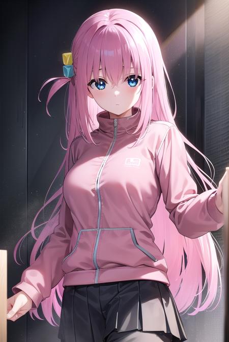 hitorigotou, <lora:hitorigotou-lora-nochekaiser:1>, 
hitori gotou, blue eyes, cube hair ornament, hair between eyes, hair ornament, pink hair, one side up, long hair,
BREAK black skirt, jacket, long sleeves, pants, pants under skirt, (pink jacket:1.5), pink pants, pleated skirt, skirt, track jacket, track pants, track suit,
BREAK indoors, classroom,
BREAK looking at viewer, (cowboy shot:1.5),
BREAK <lyco:GoodHands-beta2:1>, (masterpiece:1.2), best quality, high resolution, unity 8k wallpaper, (illustration:0.8), (beautiful detailed eyes:1.6), extremely detailed face, perfect lighting, extremely detailed CG, (perfect hands, perfect anatomy),