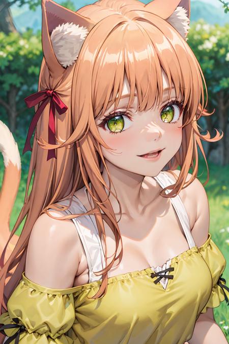 best quality, masterpiece, portrait, close up,
kanade,  cat girl, cat ears, light brown hair, very long hair, green eyes, medium breasts, off shoulder shirt, puffy short sleeves, red bow, skirt, cat tail
outdoors, looking at viewer, smile
<lora:Kizuki - Beast Tamer - Kanade:0.9>