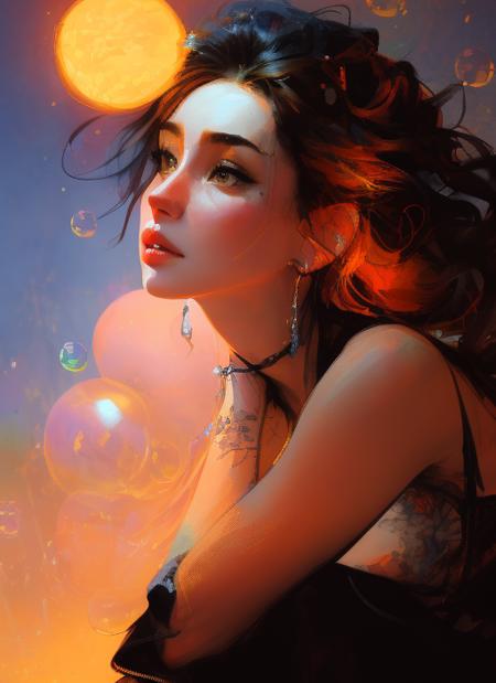 samdoesarts style drunken beautiful woman as delirium from sandman, (hallucinating colorful soap bubbles), by jeremy mann, by sandra chevrier, by dave mckean and richard avedon and maciej kuciara, punk rock, tank girl, high detailed, 8k