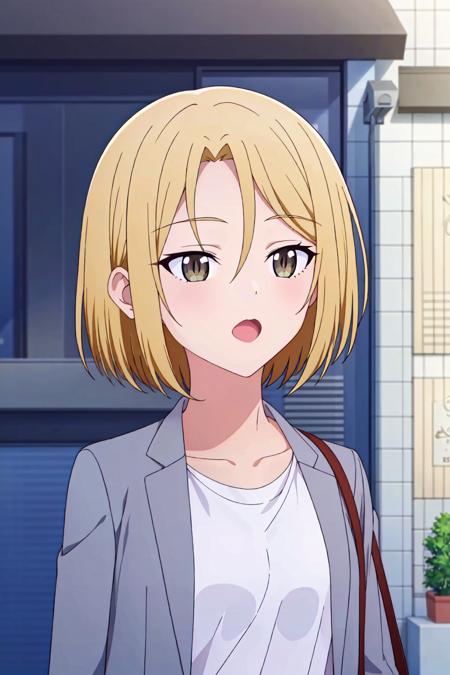 (exceptional, best aesthetic, new, newest, best quality, masterpiece, extremely detailed), <lora:Chinatsu:0.6>,Chinatsu, 1girl, blonde hair, solo, shirt, short hair, brown eyes, open mouth, white shirt, jacket, upper body, looking at viewer, bangs, twitter username, open clothes, collarbone, parted bangs, open jacket