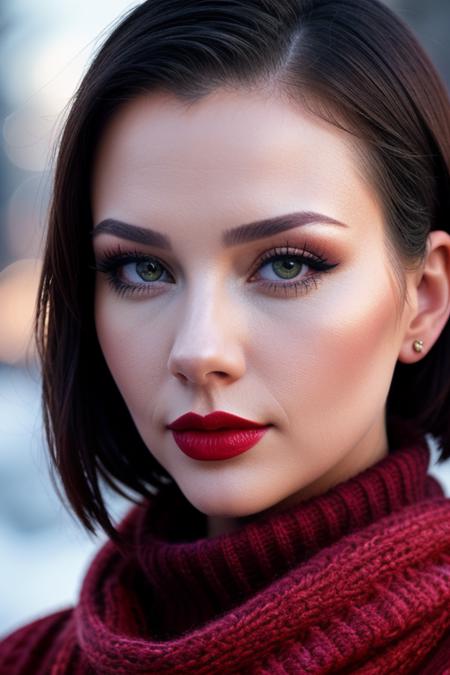 photo of a woman, verab-2652:0.99, ((pale skin)), ((short hair, black hair):1.1), ((turtleneck sweater, scarf):1.2), ((closeup, portrait):1.2),((outdoors, city, snow):1.2),((red lipstick, eyeliner, eye shadow, blush):1.2), ((best quality, masterpiece, extreme details, high resolution):1.2),((detailed eyes, beautiful eyes, detailed face, beautiful face):1.2), photo of the most beautiful artwork in the world, professional majestic (photography by Steve McCurry), 8k uhd, dslr, soft lighting, high quality, film grain, Fujifilm XT3 sharp focus, f 5.6, High Detail, Sharp focus, dramatic