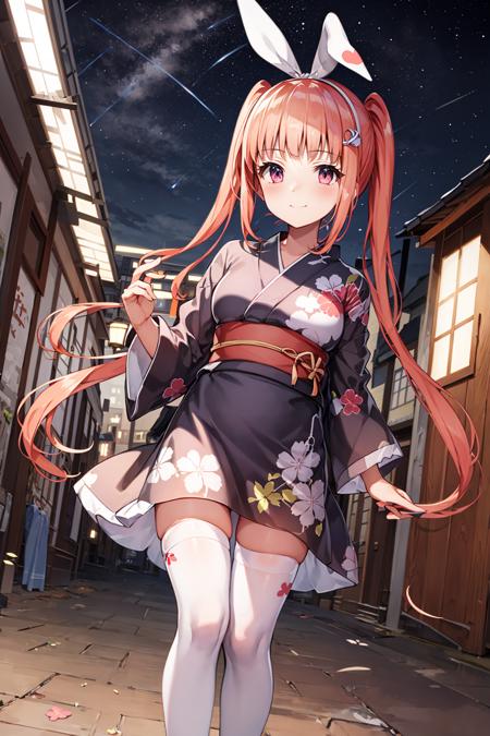 mimito sakurano \(denonbu\), (best quality, 8K, masterpiece, HDR, ultra detailed:1.2), cinematic angle,
night, sky, beautiful clouds, detailed background, constellation, starry sky,
1girl, solo, shiny skin, very long hair, twintails, head tilt, slight smile, full body, wide shot,
(kimono, floral print, obi, ribbon, yukata:1.2), snowflakes, thighhighs, reflective floor,