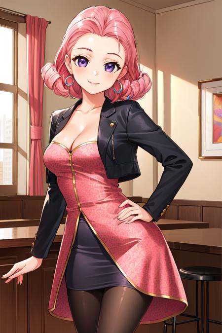 azurevivian, pink hair, earrings, purple eyes, forehead, dress, showgirl skirt, pink dress, black skirt, miniskirt, black pantyhose, black jacket, cleavage, highleg swimsuit, one-piece swimsuit, strapless swimsuit, pink swimsuit,