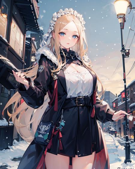 1girl,  <lora:AbigailSwimsuitV3[abigailswimsuit,swimsuit,bonnet]-000006:0.8>,large breasts, cleavage, standing,outdoors,street,cowboy shot,parted bangs, forehead, winter coat,snowing