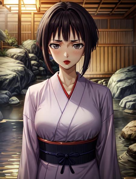 best quality, masterpiece, highres, detailed, digital artwork, <lora:Detail - add_detail:0.2>, AmamiyaRON, grey eyes, lipstick, short hair, purple kimono, onsen, embarassed, <lora:Character - AmamiyaRON:0.8>, upper body,