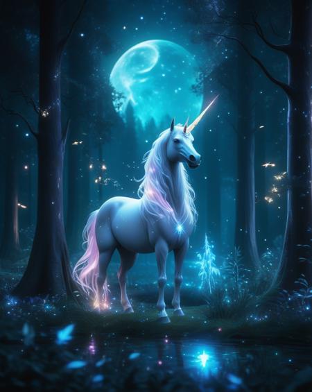 In a enchanted forest,A majestic unicorn stands under glowing full moon,Tall trees with glowing leaves, bioluminescent plants illuminating the dark, with magical fireflies floating in the air, casting a surreal atmosphere