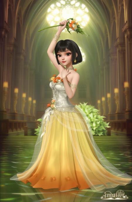 3d Princess, masterpiece full of details. This is a digital painting in an anime style of a young woman in a large, illuminated cathedral-like setting. She is kneeling in water, holding a flowering cane above her head. She wears a grand wedding gown that transitions from a white bodice with floral decorations to a vibrant yellow and orange skirt. Her bob-cut dark hair and soft skin are visible amidst the radiant light and intricate church architecture. The background is dimly lit with arches and candles, creating a serene, almost ethereal atmosphere. A pile of glowing greenish lily flower behind her.