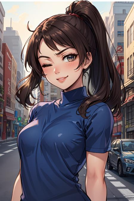 masterpiece, best quality, jessie rasberry, blue shirt, standing, upper body, looking at viewer, smirk, winking, one eye closed, city street <lora:jessie-nvwls-v2-000010:0.7>