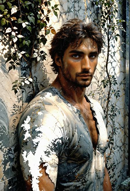 in the style of Michael Whelan, [:marble|granite|lbrick|tile|metal|concrete|glass|foliage_material texture:0.7], a beautiful man painted on wall with light, svelte graceful shapes, solo, <lora:Vintage_Street_Photo:1>