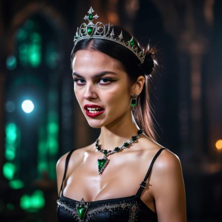 olxrdrigo as a beautiful skinny vampire queen, jewelled tiara, glowing pendant, side view, dark castle dungeon, glowing green eyes, background blurred, look at viewer, angry, fang teeth, holding a long ornate serrated dagger, zPDXLrl <lora:olrodrigo_juggerX_xl_3_st_wocap_merger_31v1_8v3_77v3_03_04_03-olxrdrigo:1.0>