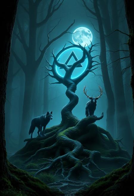 “A hyper-realistic, eerie depiction of the Algiz rune in a mist-shrouded, ancient forest. The Algiz symbol towers above, crafted from dark, gnarled branches that twist upward, almost resembling skeletal fingers reaching toward a dim, ominous moon. The symbol glows with a ghostly, electric-blue hue that pulses subtly, casting shadows across the forest floor, thick with moss and tangled roots. Strange, spectral animals—wolf-like creatures with piercing eyes, a lone raven perched on a twisted branch, and a spectral elk with glowing antlers—surround the rune in a protective, ritualistic stance. The mist swirls with a soul-like essence, tinted in dark blues, greens, and deep purples, creating an otherworldly, haunting atmosphere. Sharp details capture the cracked bark, dripping moisture, and faint imprints of ancient runes carved into the surrounding trees, giving an impression of a place suspended in time. This scene has a foreboding, supernatural beauty, capturing both mystery and protection with a vivid, spectral allure.”