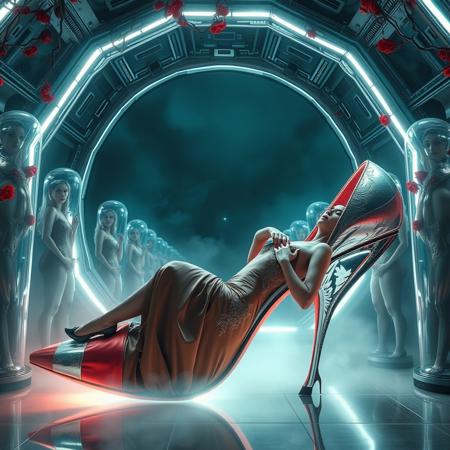 tall slender elegant slavic femme fatal  lays in giant high heel foil shoe ,  under dimension portal to another galaxy , dressed in sexy glossy satin side slit 1920s nightgown ,  pefect legs in lace trim stockings and d'orsay high heels, small feets, alien spaceship chamber, surrounded by beauty models encased in  hi-tech stasis tubes at background,  fog, mirrors, hi-tech, sci-fi, scifi, mind control, steel, foil, hypno, romance,  lipstick, long hair, heavy makeup,  red nails, long hair, green eyes, sharp cheekbones, ultra thin waist , seductive, feminine, mysterious, alluring, vines, poison red flowers