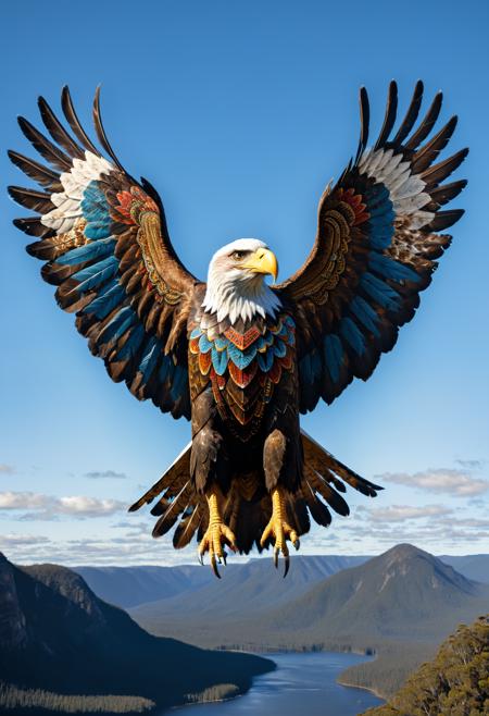 Majestic Aboriginal creator spirit, depicted as an eagle, soaring with outstretched wings, embodying wisdom and connection to the land, (by peter chan:1.4), intricate details <lora:xl_more_art-full_v1:0.5> <lora:add-detail-xl:1> <lora:RMSDXL_Creative:2>