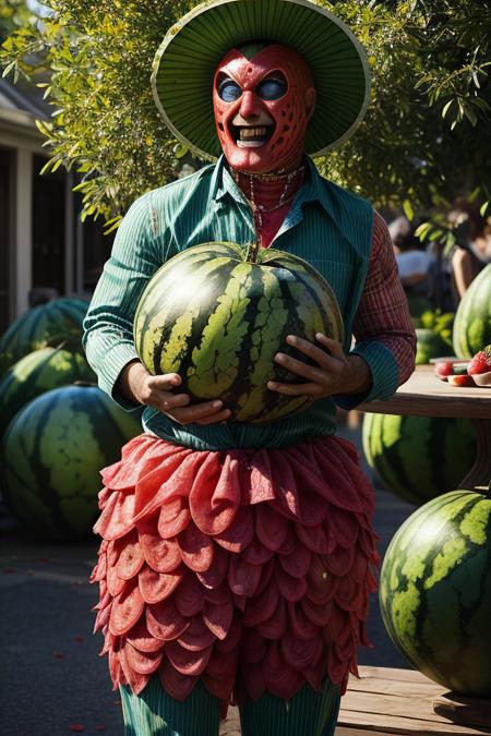 (Surreal watermelon entity, watermelon-man mystique, refreshing watermelon-flesh face, seeds sprinkled across skin, vibrant green rind clothing, standing amidst a summer feast, embodying the essence of seasonal sweetness and freshness:1.)