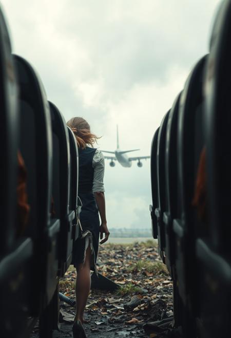 stewardess, torn clothing, plane crash survivor, afraid, view from the ground up, smoke, crashed plane in distance